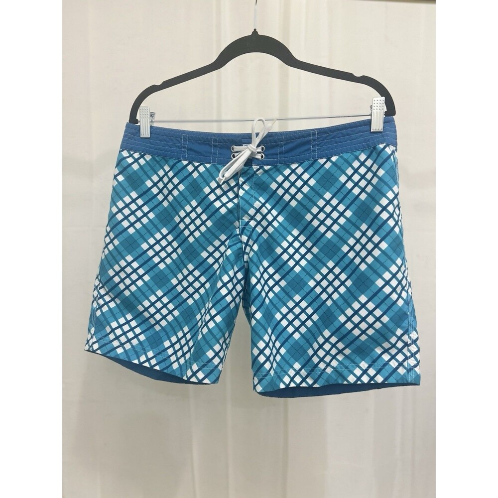 Miken Reversible Swim Board Shorts Blue Plaid Mens 34 x 7